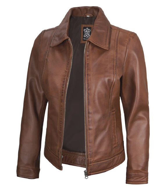 Women’s Cognac Leather Harrington Jacket – Classic Shirt Collar