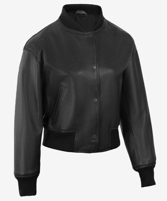 Women’s Cropped Black Leather Bomber Jacket – Relaxed Shoulder Style