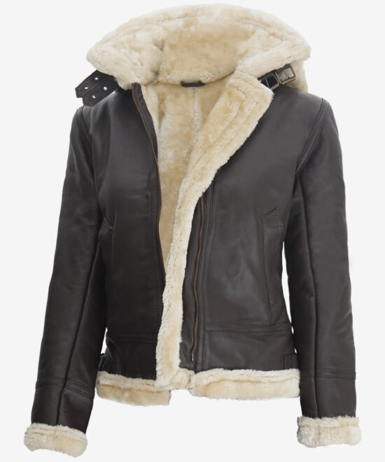 Women’s Dark Brown Shearling Leather Jacket – Hooded Winter Style