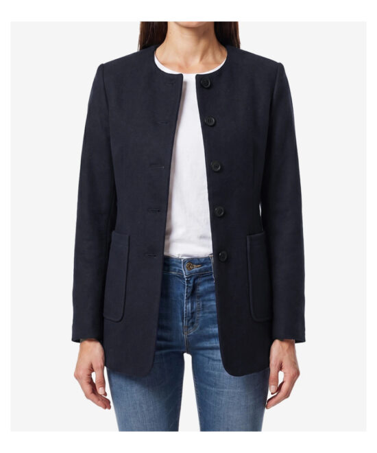 Women’s Navy Blue Wool Jacket – Modern Collarless Winter Style