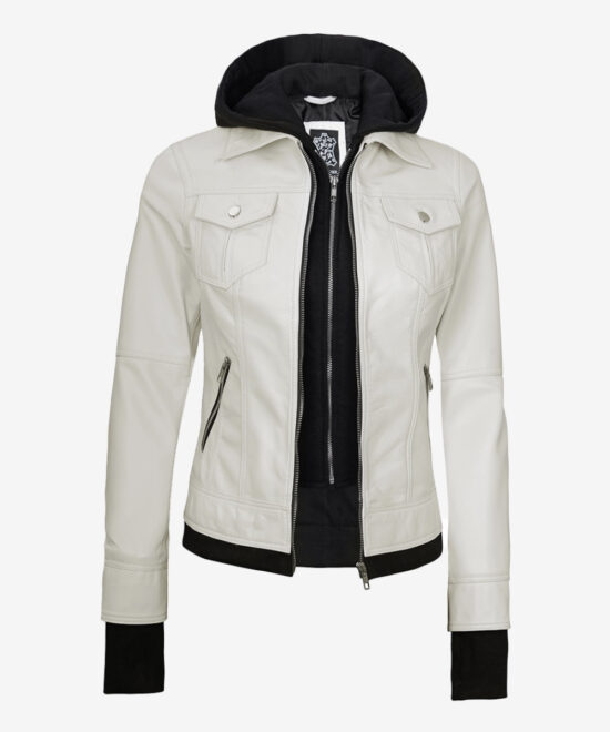 Women’s Off-White Leather Bomber Jacket – Detachable Hood Style