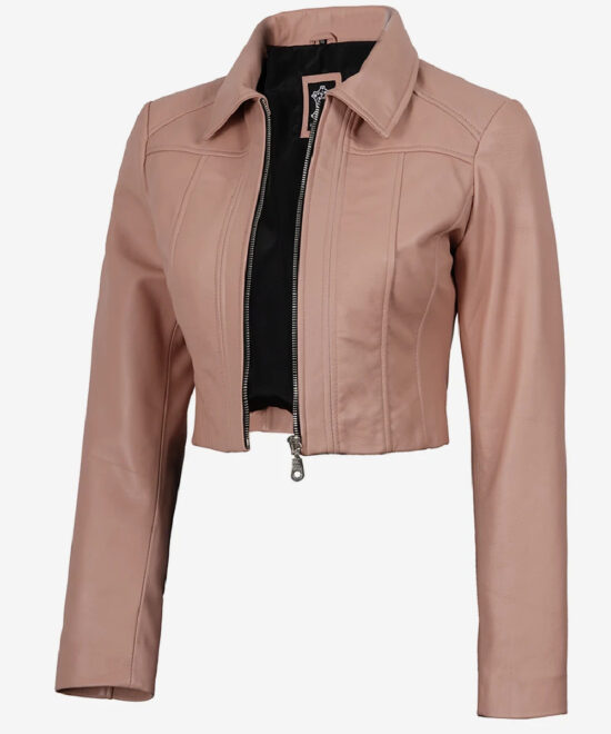 Women’s Pink Cropped Leather Jacket – Classic Shirt Collar