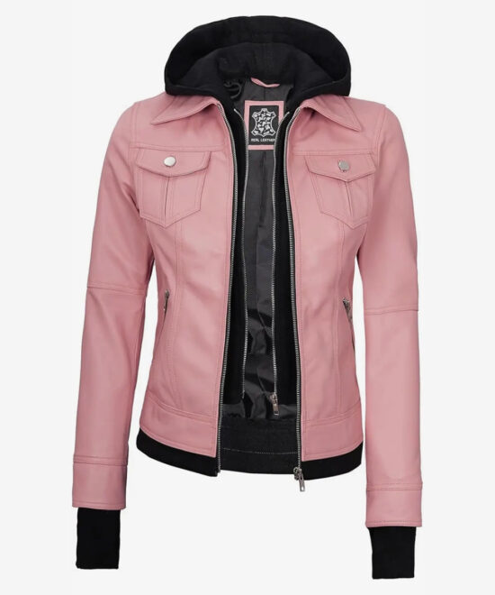 Women’s Pink Leather Bomber Jacket – Detachable Hood Style