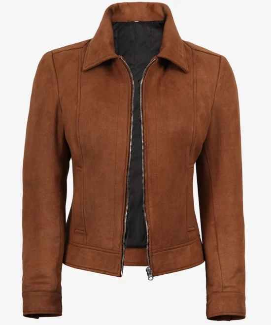 Women’s Light Brown Faux Suede Jacket – Classic Shirt Collar
