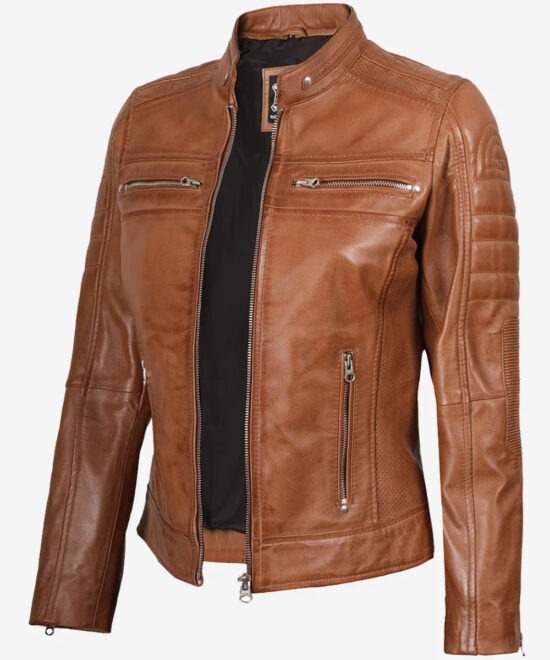 Women’s Tan Leather Biker Jacket – Classic Motorcycle-Inspired Style