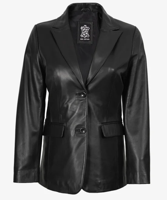 Women's Two Button Black Leather Blazer with Notch Lapel