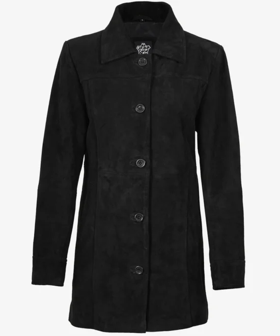 Black Suede Leather Button Closure Coat for Women