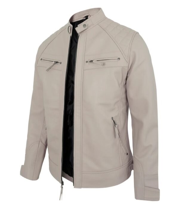Beige Leather Motorcycle Jacket – Men's Biker Style with Quilted Shoulders