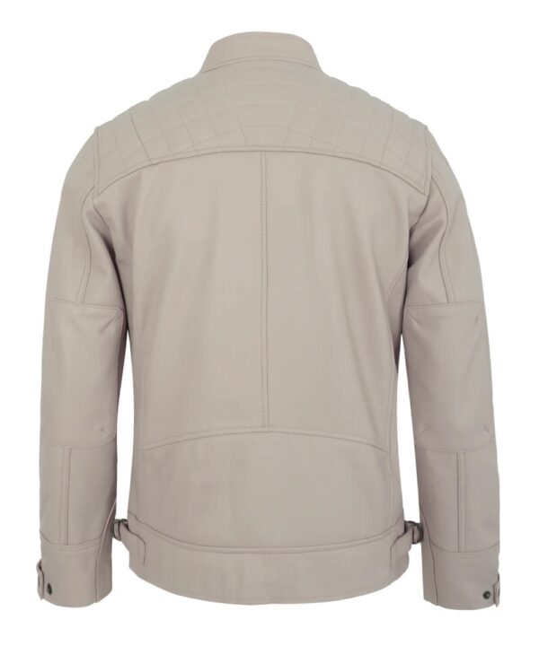 Beige Leather Motorcycle Jacket – Men's Biker Style with Quilted Shoulders