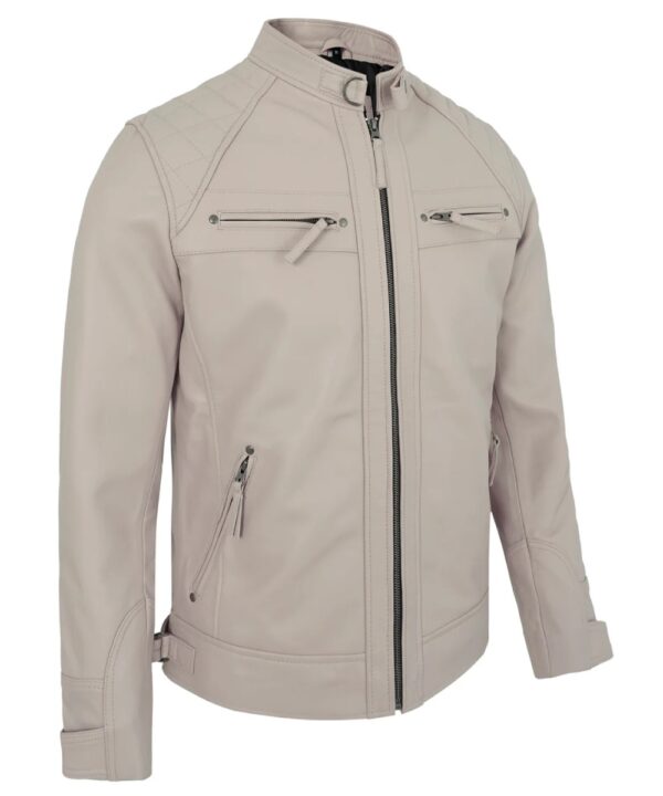 Beige Leather Motorcycle Jacket – Men's Biker Style with Quilted Shoulders