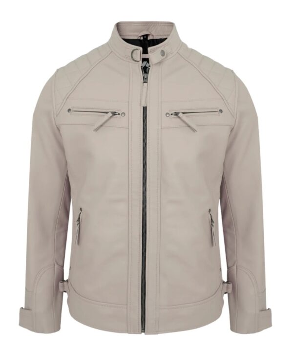 Beige Leather Motorcycle Jacket – Men's Biker Style with Quilted Shoulders