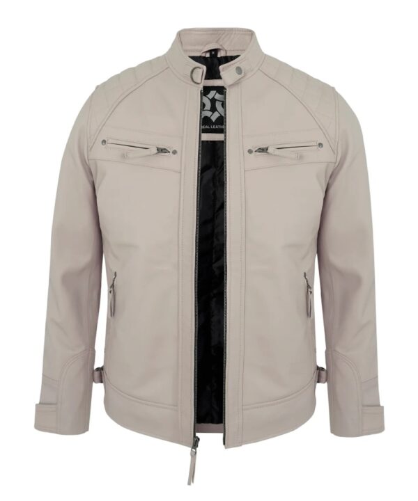 Beige Leather Motorcycle Jacket – Men's Biker Style with Quilted Shoulders