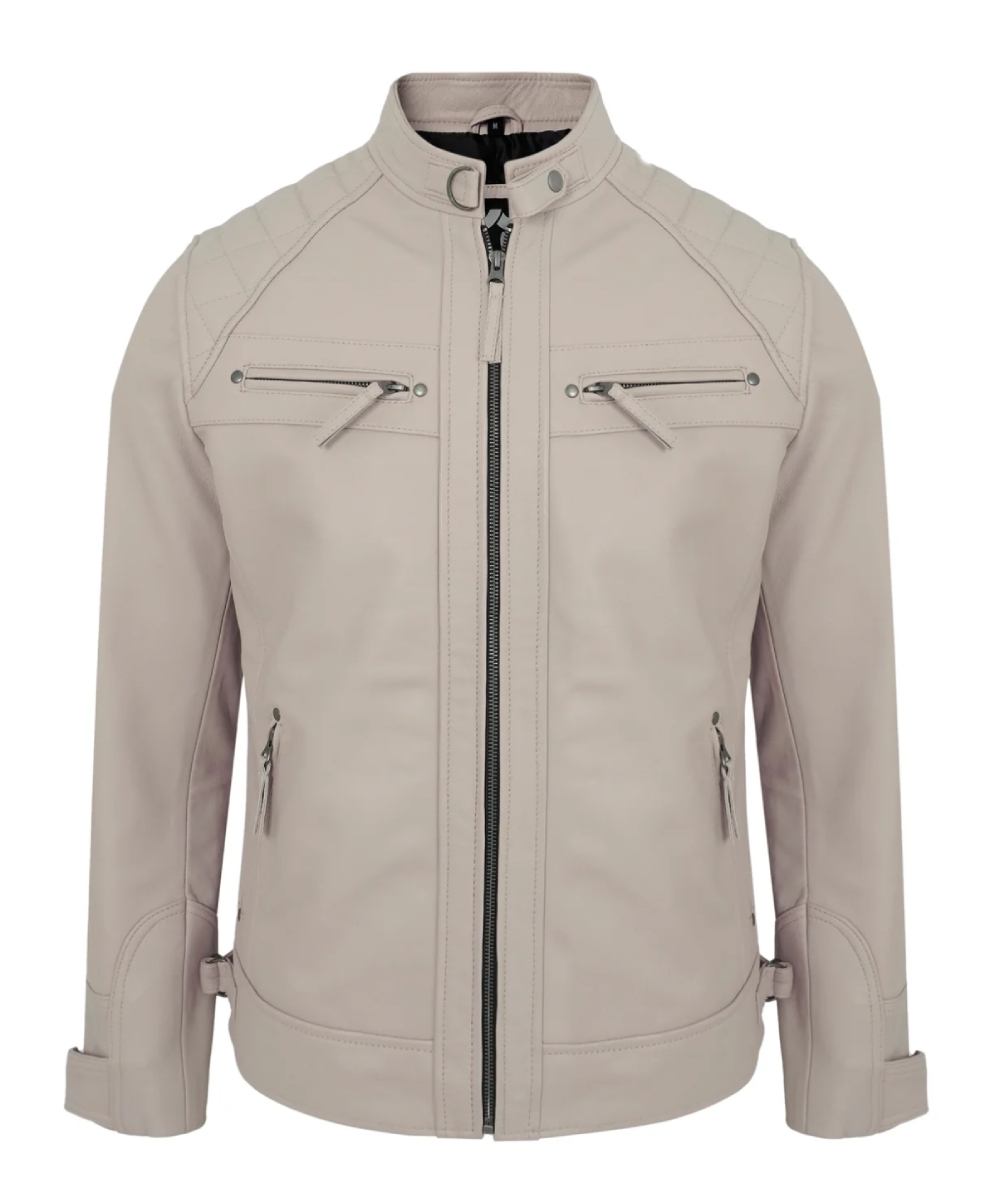 Beige Leather Motorcycle Jacket – Men's Biker Style with Quilted Shoulders