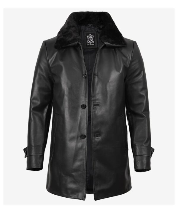 Men’s Black Cowhide Leather Coat – Shearling Collar Style