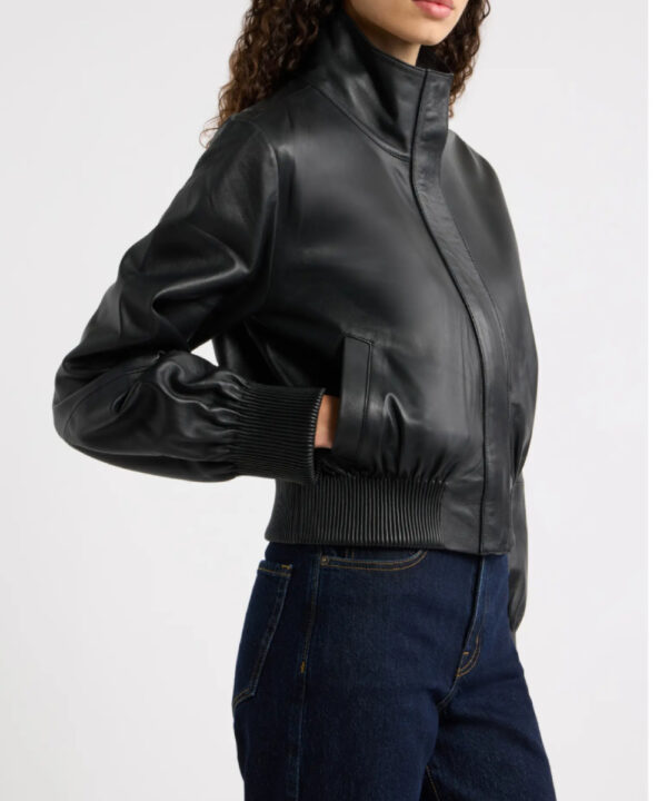 Women’s Black Funnel Neck Genuine Leather Bomber Jacket