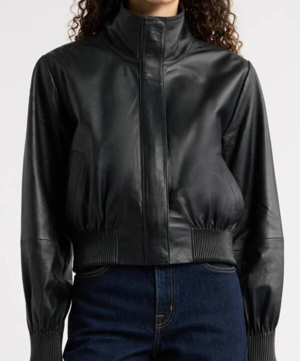 Women’s Black Funnel Neck Genuine Leather Bomber Jacket