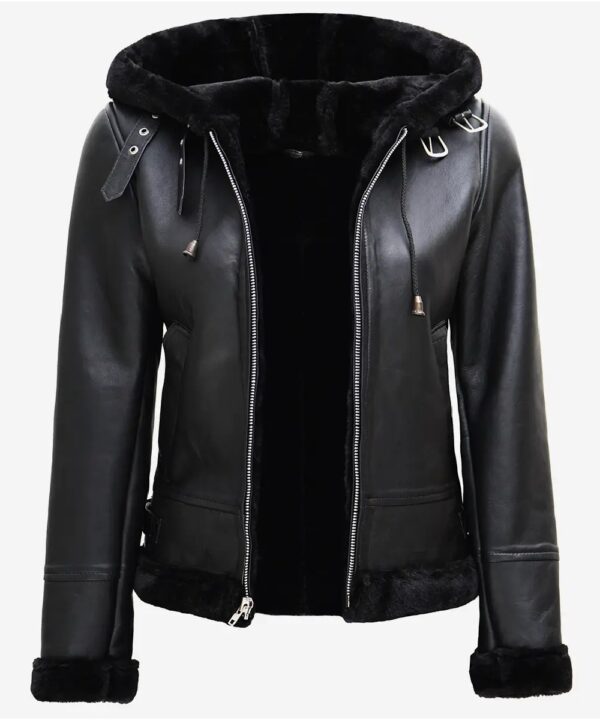 Women's Black Hooded Aviator Leather Jacket with Faux Shearling