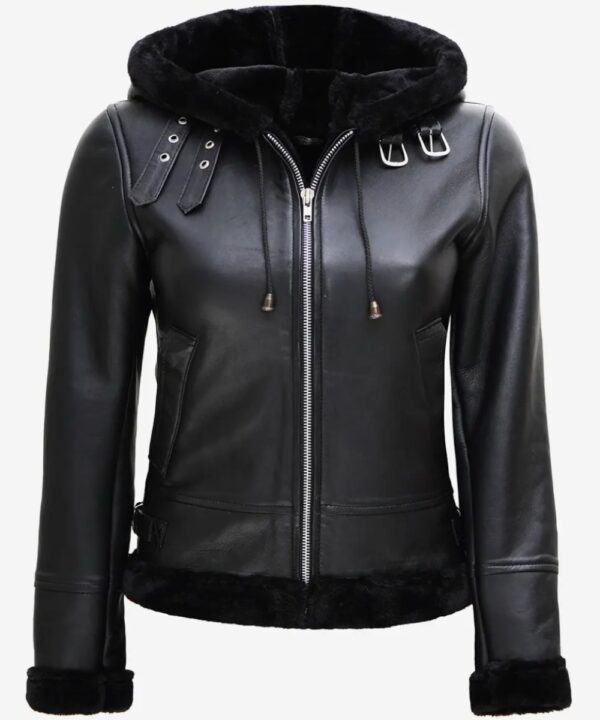 Women's Black Hooded Aviator Leather Jacket with Faux Shearling