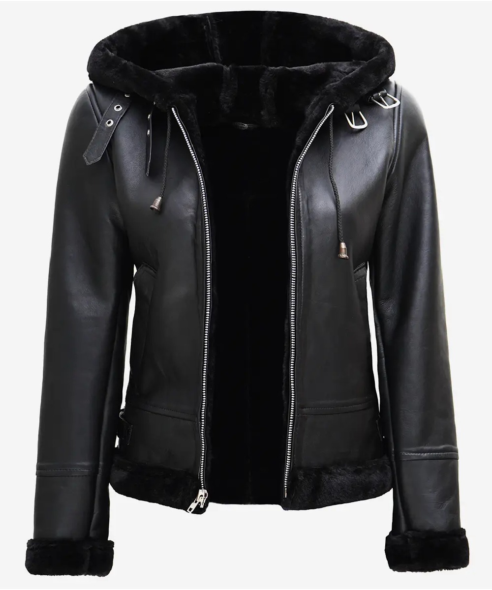 Women's Black Hooded Aviator Leather Jacket with Faux Shearling