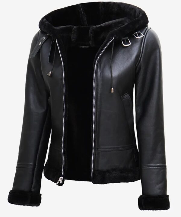 Women's Black Hooded Aviator Leather Jacket with Faux Shearling