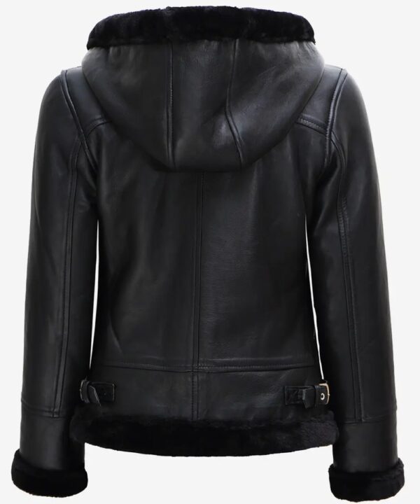 Women's Black Hooded Aviator Leather Jacket with Faux Shearling