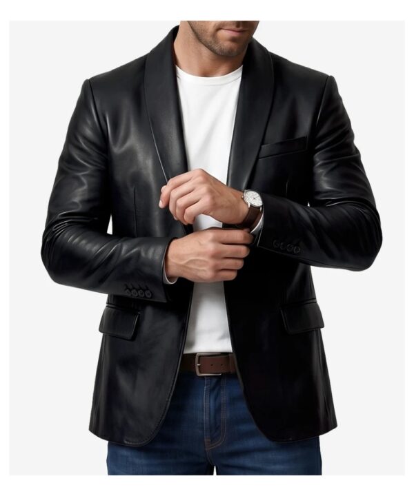 Men’s Black Leather Blazer – Shawl Lapel Style