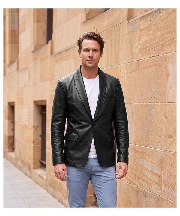 Men’s Black Leather Blazer – Shawl Lapel Style