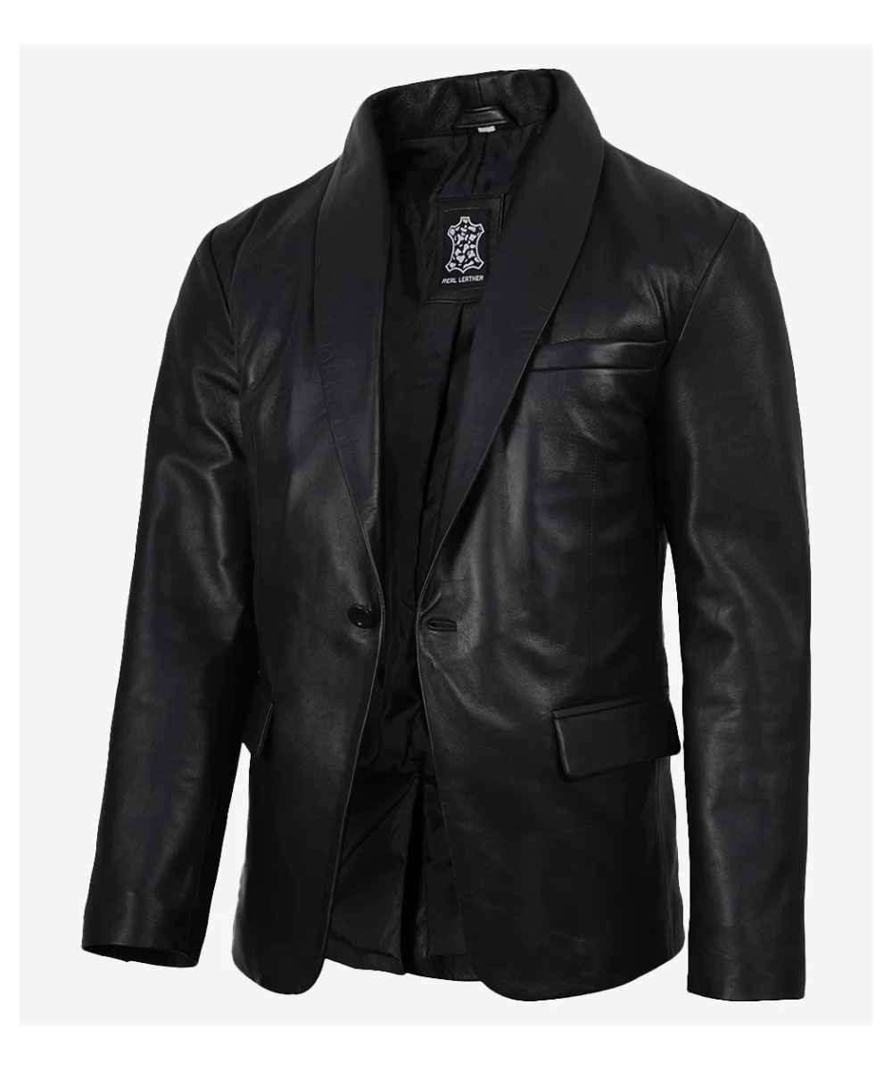Men’s Black Leather Blazer – Shawl Lapel Style