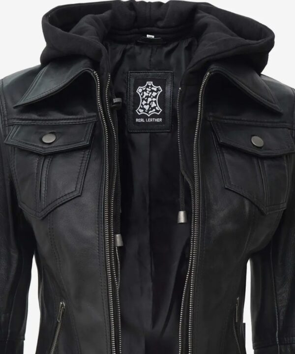 Women’s Black Leather Bomber Jacket – Detachable Hood Style