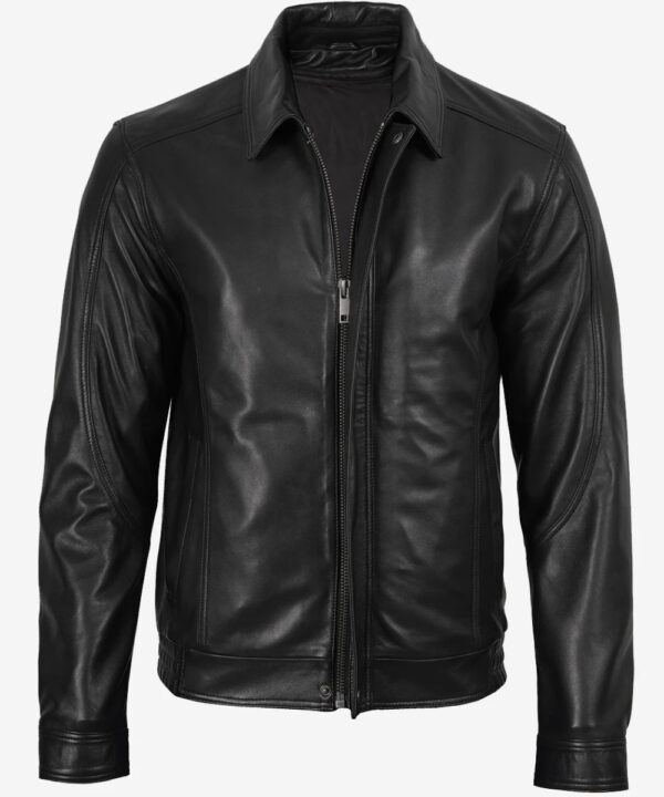 Men’s Black Genuine Leather Bomber Jacket – Shirt Collar Style