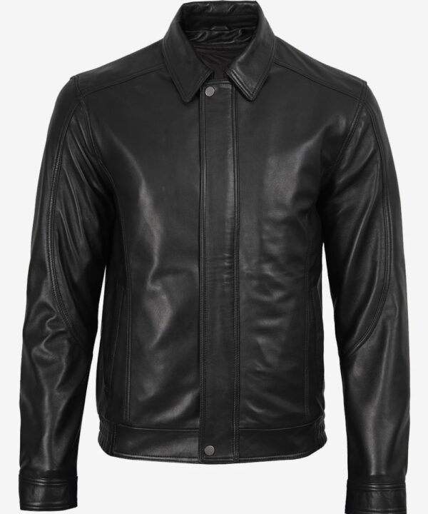 Men’s Black Genuine Leather Bomber Jacket – Shirt Collar Style