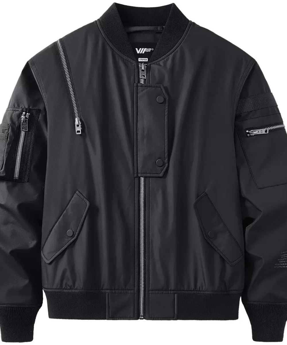 Black Techwear Utility Bomber Jacket