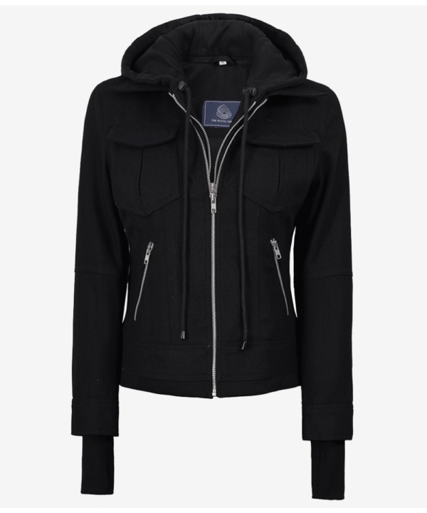 Women’s Black Wool Hooded Jacket – Zip Front Winter Style