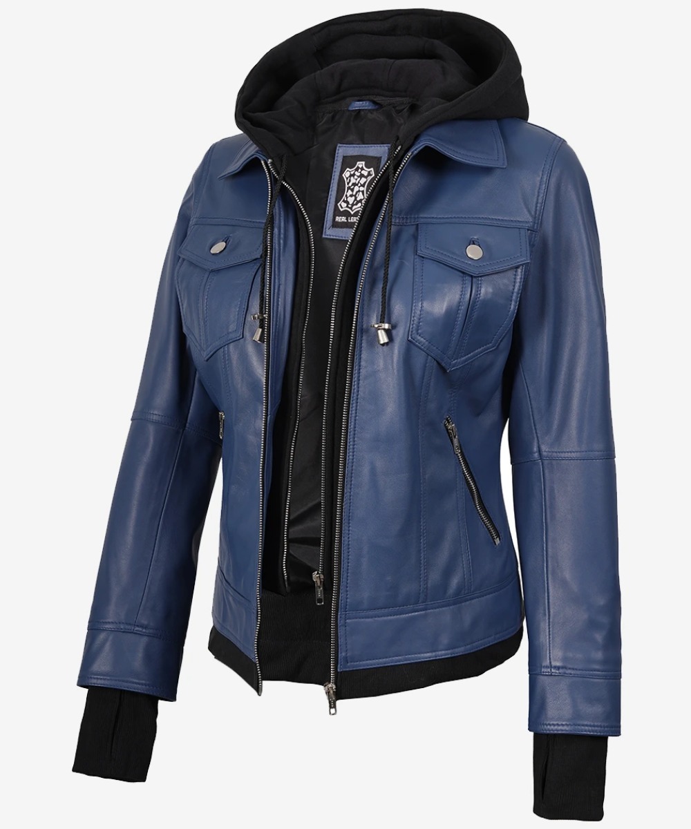 Women’s Blue Leather Bomber Jacket – Casual Hooded Style
