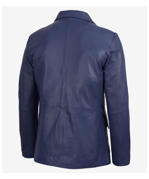 Men’s Blue Leather Two-Button Blazer – Classic Notch Lapel Style