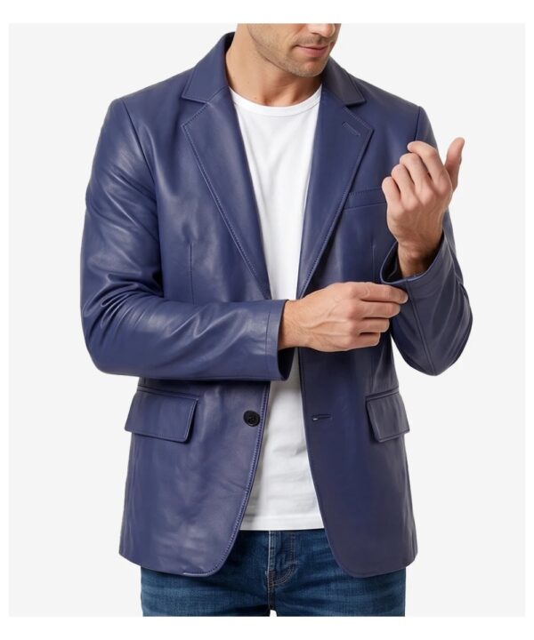 Men’s Blue Leather Two-Button Blazer – Classic Notch Lapel Style