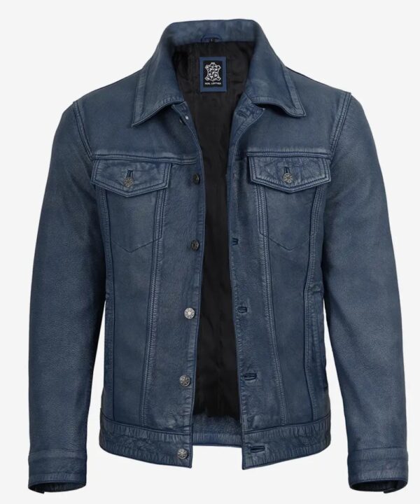 Men’s Blue Washed Leather Trucker Jacket – Rugged Casual Style