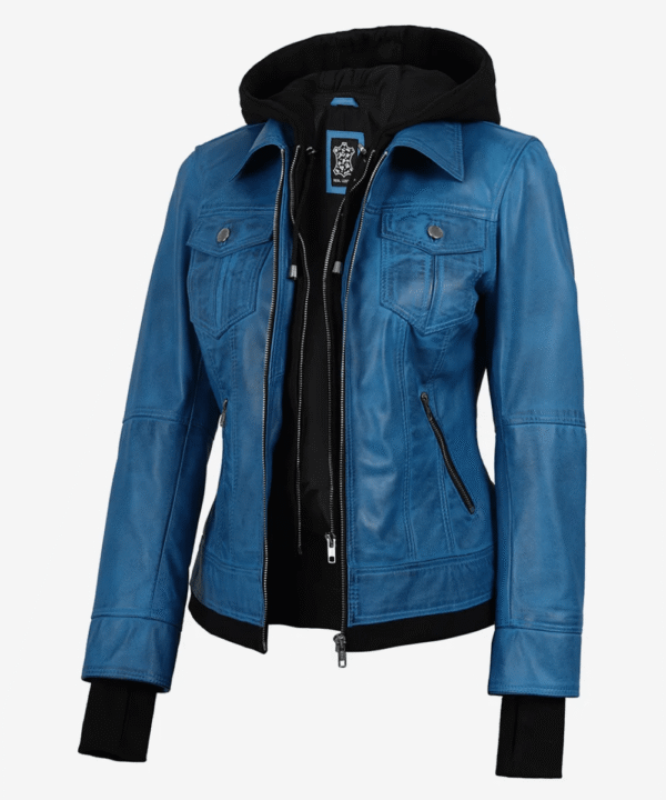Women’s Blue Waxed Leather Jacket – Detachable Hood Style