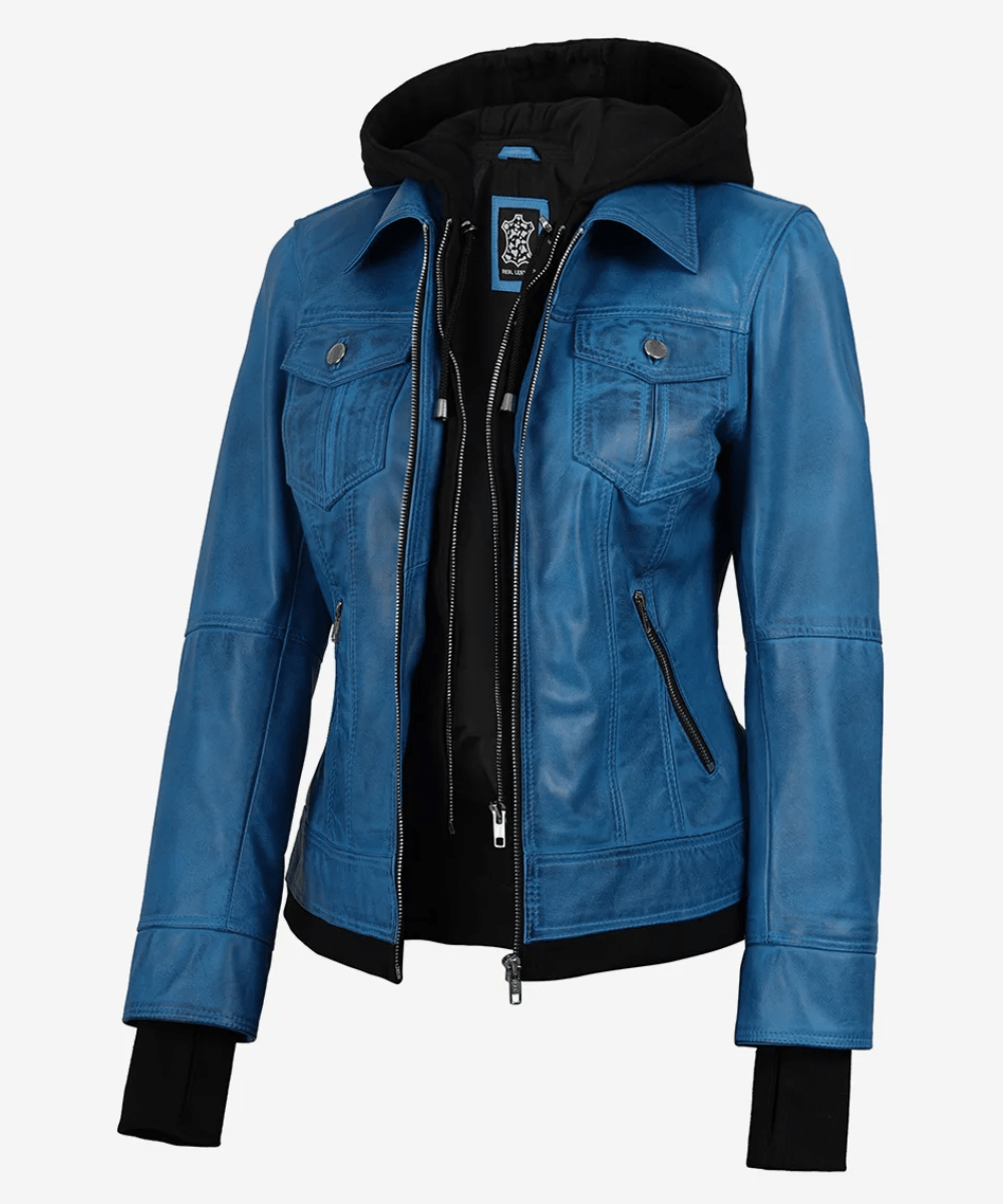 Women’s Blue Waxed Leather Jacket – Detachable Hood Style