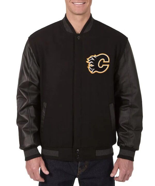 Calgary Flames Wool & Leather Jacket – Black Varsity Fan Style