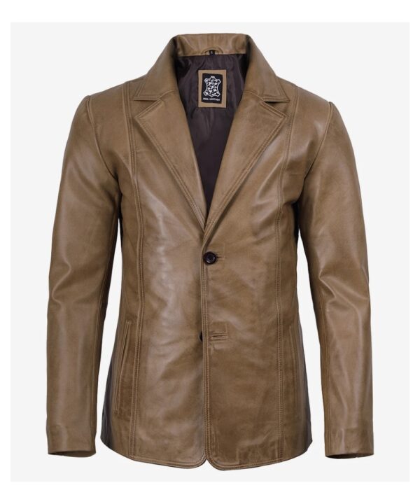 Men’s Camel Waxed Leather Blazer – Classic Two-Button Style