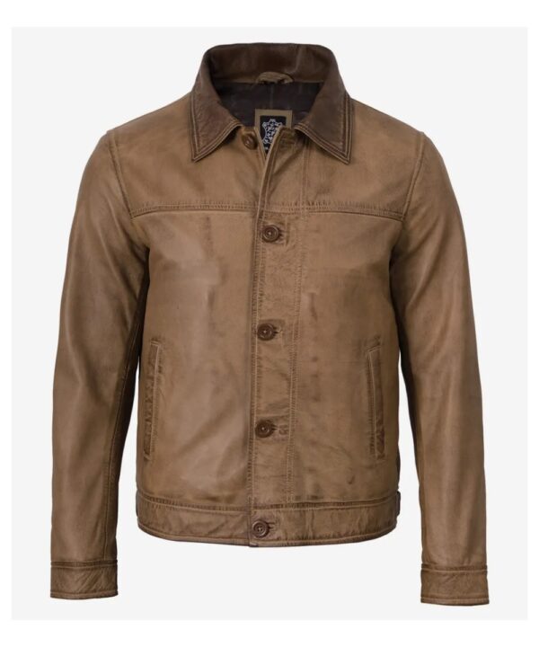Men’s Camel Waxed Leather Harrington Jacket – Classic Style