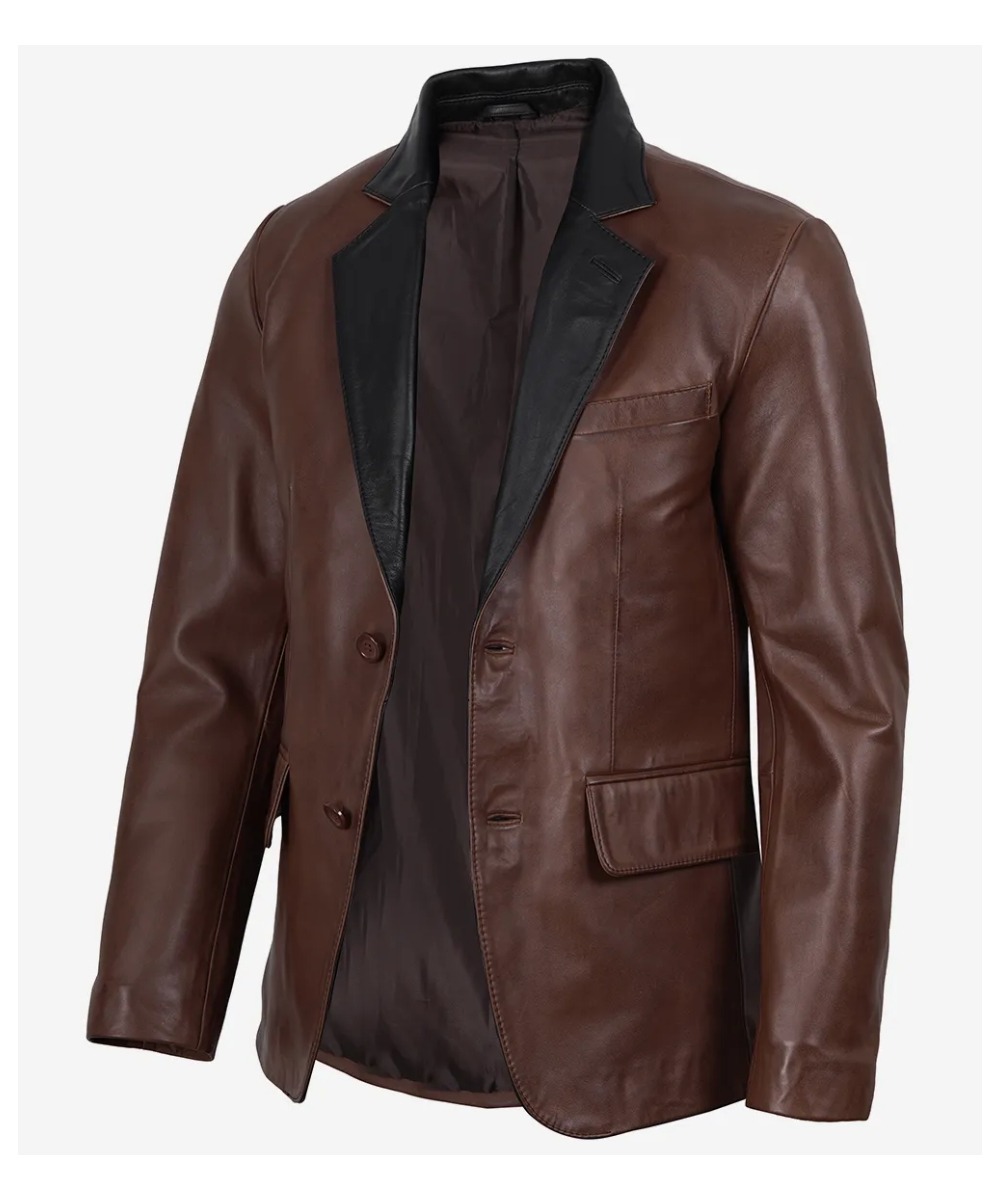 Men’s Cognac Leather Blazer – Black Notch Lapels