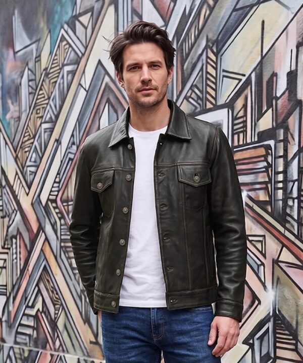 Men’s Dark Brown Distressed Leather Trucker Jacket – Rugged Style
