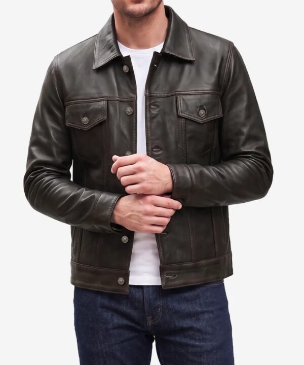Men’s Dark Brown Distressed Leather Trucker Jacket – Rugged Style