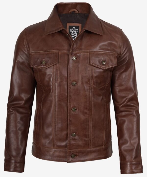 Men’s Cognac Leather Trucker Jacket – Rugged Casual Style