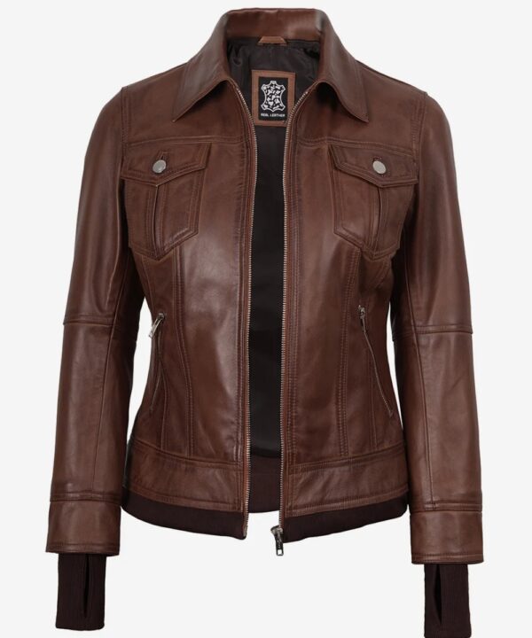 Women’s Cognac Waxed Leather Bomber Jacket – Detachable Hood