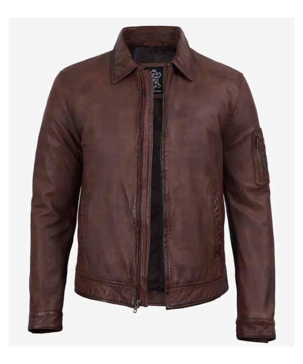 Men’s Cognac Waxed Leather Harrington Jacket – Classic Style