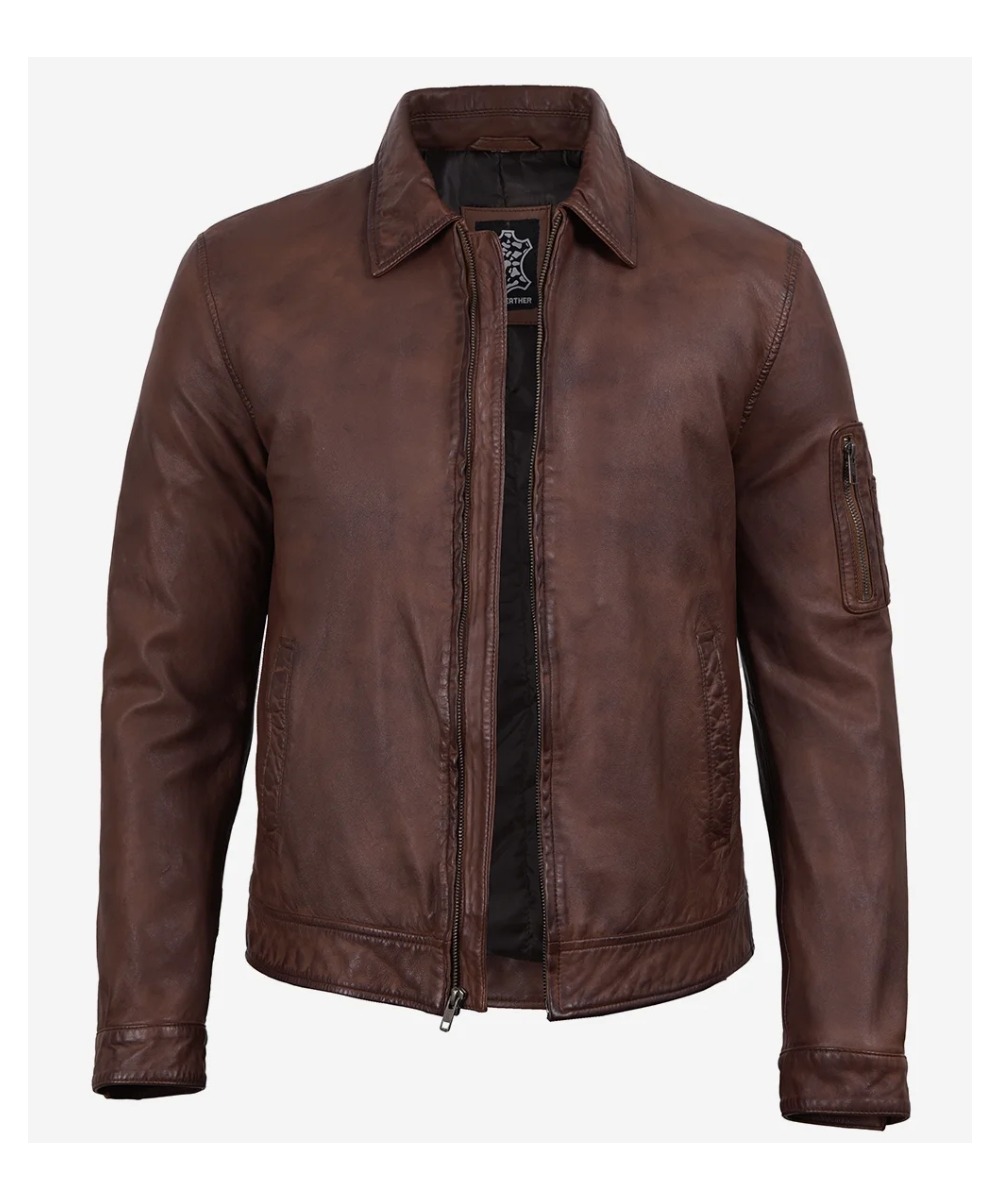 Men’s Cognac Waxed Leather Harrington Jacket – Classic Style