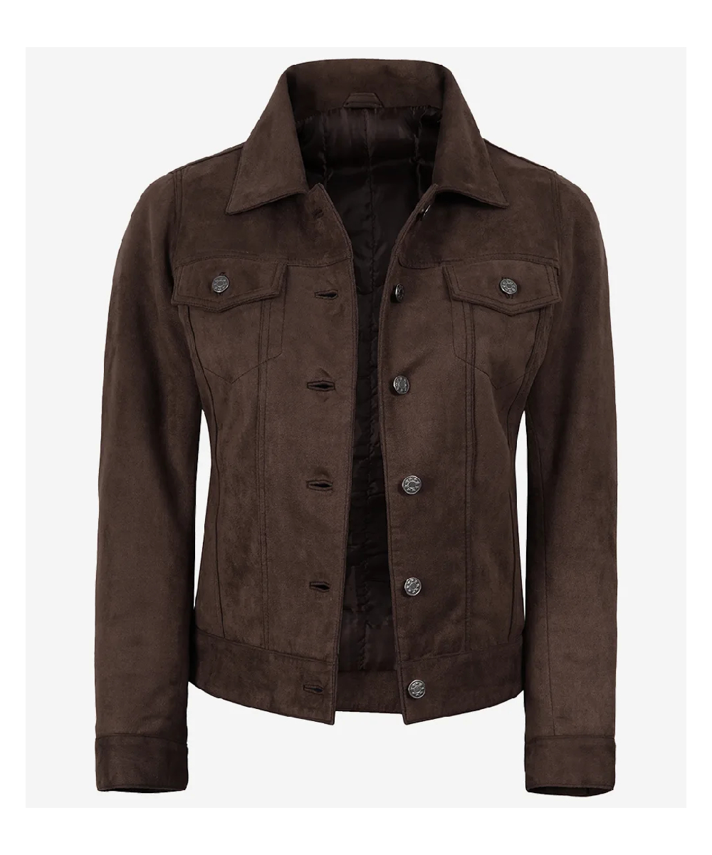 Dark Brown Faux Suede Jacket for Women – Trucker Style